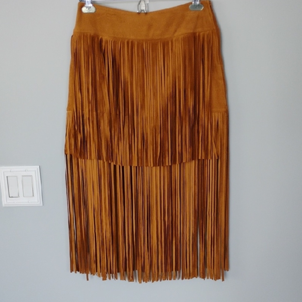 Faux Suede 2 Level Fringe Suede Mini Skirt With Midi Length Fringe - Blue Rain M